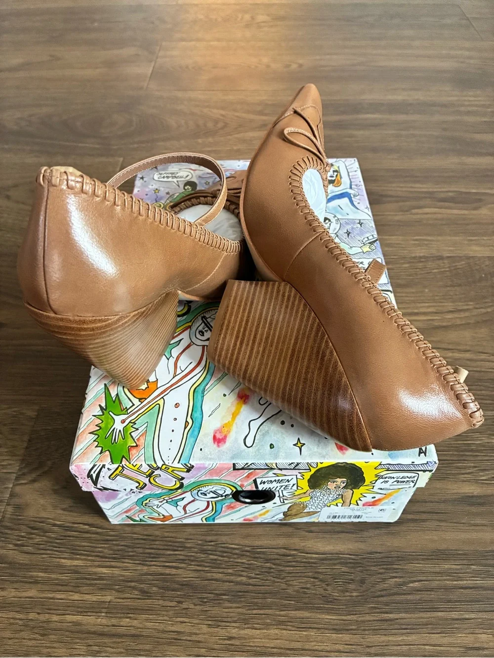 Free People “Amorette”Cognac Tan Leather Mary Jane Block Heels